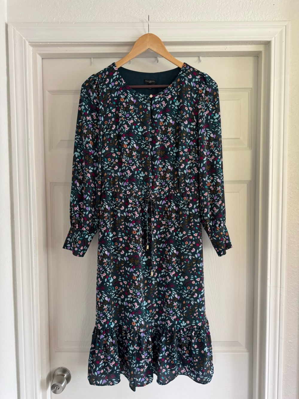 Talbots Teal Floral Drawstring Midi Dress